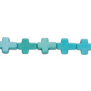 Bead, "turquoise" (resin) (imitation), blue-green and green, 10x9mm flat cross. Sold per 15-inch strand.