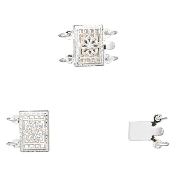 Clasp, 2-strand tab, sterling silver, 10x8mm filigree rectangle. Sold individually. image number 0