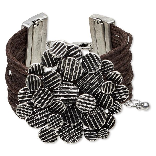 Bracelet, multi-strand, waxed cotton cord with antique silver-finished steel and "pewter" (zinc-based alloy), brown, 40mm wide with 52mm textured round design, 6-1/2 inches with 1-inch extender chain and lobster claw clasp. Sold individually. image number 0