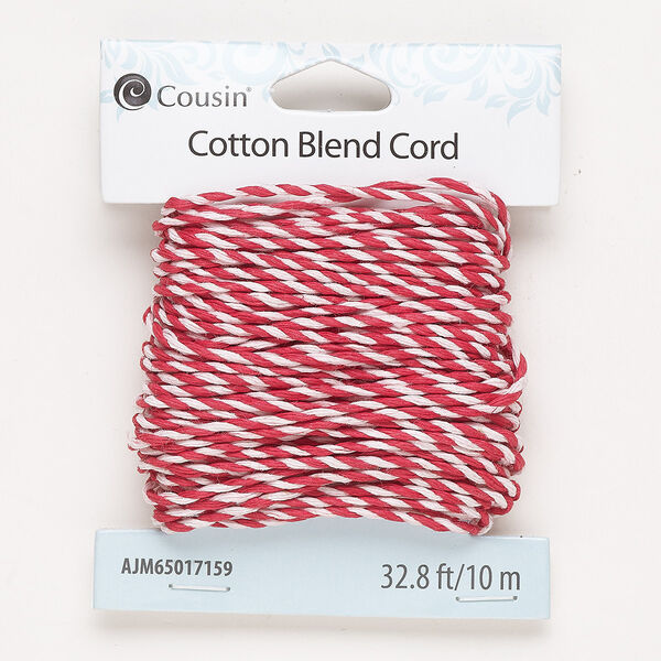 Cord, cotton, red and white, 1.5mm twisted. Sold per 10-meter pkg. image number 0