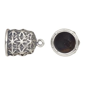 Cord end, JBB Findings, glue-in, antique silver-plated pewter (tin-based alloy), 15.5x14mm bell with star design, 10mm inside diameter. Sold individually.