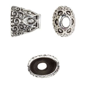 Cone, antique silver-finished "pewter" (zinc-based alloy), 16x15x11mm fancy flat oval with swirl design, 12x8mm inside diameter. Sold per pkg of 6.