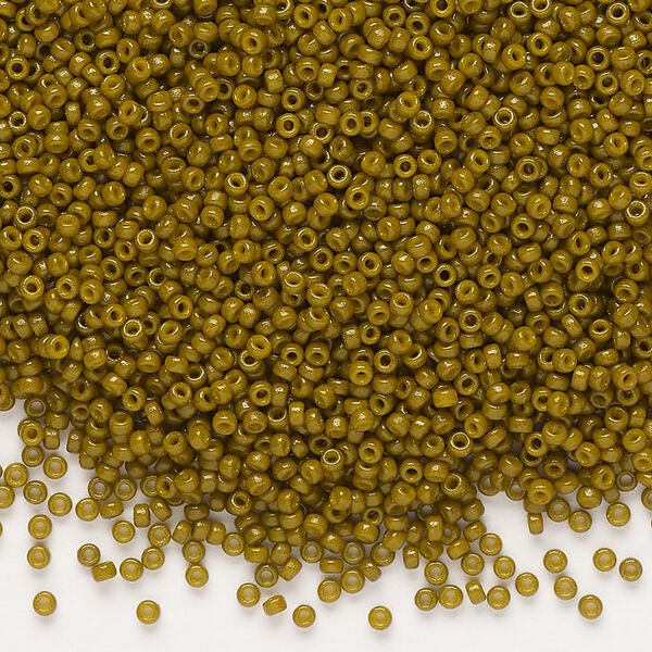 Seed bead, Miyuki, glass, pkg/35g, #15 rocaille, Duracoat® opaque outside dyed Spanish olive (RR-4491). image number 0