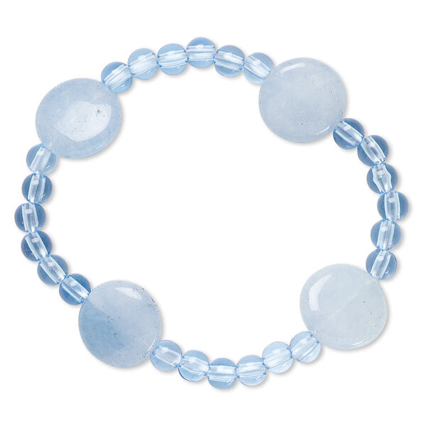 Bracelet, stretch, quartz (dyed) and acrylic, blue, 5mm round and 16-17mm flat round, 7 inches. Sold individually. image number 0
