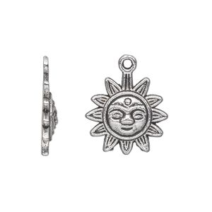Charm, antique silver-plated "pewter" (zinc-based alloy), 17mm single-sided sun with face. Sold per pkg of 20.