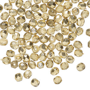 Bead, Czech fire-polished glass, metallic pale gold, 4mm faceted round. Sold per pkg of 1,200 (1 mass).