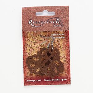 Earring, suede and silver-finished "pewter" (zinc-based alloy), brown, 2-1/2 to 2-3/4 inches with cutout design. Sold per pair.