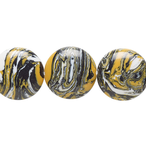 Bead, resin, black / white / dark yellow, 16mm flat round. Sold per 15" to 16" strand. image number 0