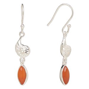Earring, Create Compliments®, antiqued sterling silver and carnelian (dyed/heated), fishhook, 42.5mm with 26.5mm single-sided left- and right-facing nautilus, 21 gauge. Sold per pair.