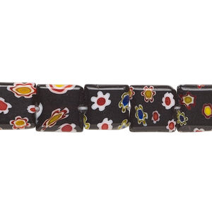 Bead, millefiori glass, black, 10mm puffed square. Sold per 15-inch strand.