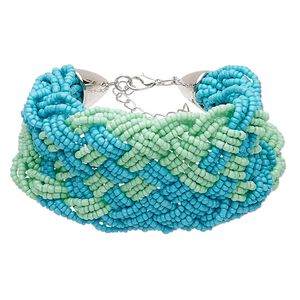 Bracelet, glass / silver-coated plastic / silver-plated steel / "pewter" (zinc-based alloy), turquoise blue and light green, 50mm wide with woven design, 7 inches with 1-3/4 inch extender chain and lobster claw clasp. Sold individually.