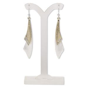 Earring, glass rhinestone / gold-plated / silver-finished brass / steel / "pewter" (zinc-based alloy), clear, 67mm with scratched design and fishhook ear wire. Sold per pair.