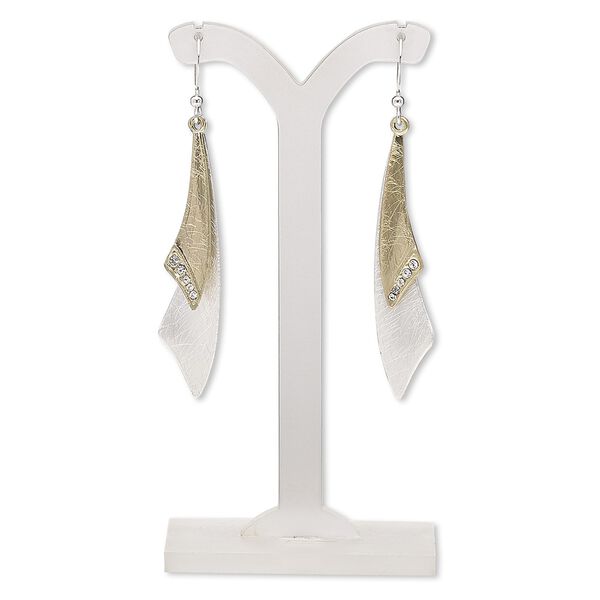 Earring, glass rhinestone / gold-plated / silver-finished brass / steel / "pewter" (zinc-based alloy), clear, 67mm with scratched design and fishhook ear wire. Sold per pair. image number 0