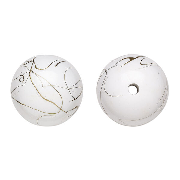 Bead, acrylic, white and gold, 26mm round with swirls. Sold per pkg of 10. image number 0