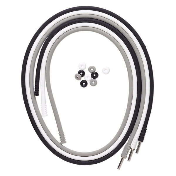 Necklace cord, silicone and stainless steel, black / white / grey, 3mm round, 20 inches with pop-style clasp. Sold per pkg of 3. image number 0