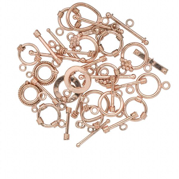 Clasp mix, toggle, copper, 14mm-22x18mm shiny round. Sold per 50-gram pkg, approximately 15 clasps. image number 0