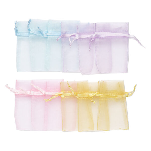 Pouch, organza, assorted pastels, 3x2 inches with drawstring closure. Sold per pkg of 12. image number 0
