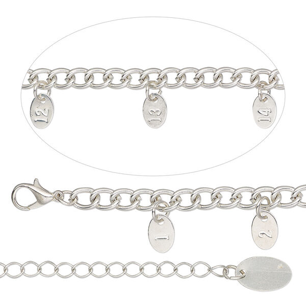 Bracelet measuring chain, silver-finished steel, 5.4mm curb, 14 inches with 9x6mm tags and 3-inch extender chain with lobster claw clasp. Sold individually. image number 0