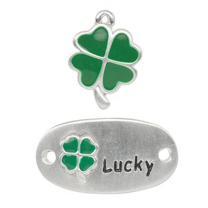 Charm and link, silver-finished "pewter" (zinc-based alloy) and enamel, green and black, (3) 18x15mm 4-leaf clover, (3) 30x16mm curved oval with 4-leaf clover and "lucky," 1.5mm loop/hole. Sold per pkg of 6.