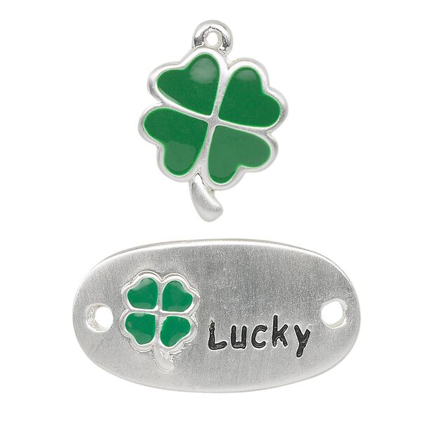 Charm and link, silver-finished "pewter" (zinc-based alloy) and enamel, green and black, (3) 18x15mm 4-leaf clover, (3) 30x16mm curved oval with 4-leaf clover and "lucky," 1.5mm loop/hole. Sold per pkg of 6. image number 0