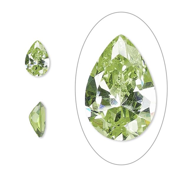Gem, cubic zirconia, peridot green, 9x6mm faceted pear, Mohs hardness 8-1/2. Sold individually. image number 0
