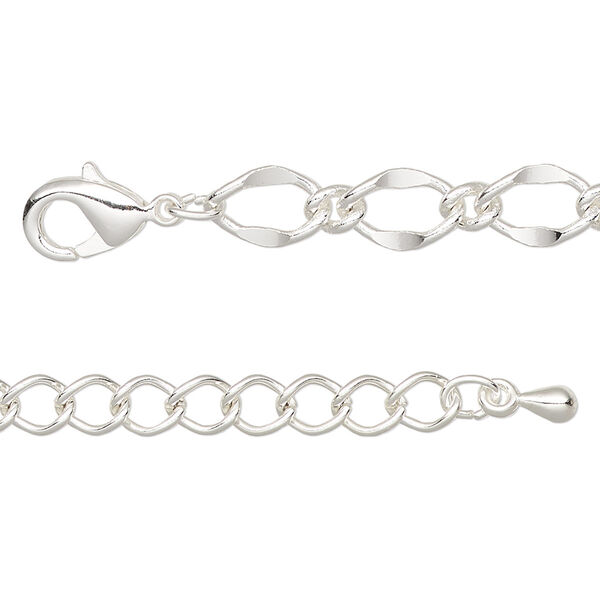 Chain, silver-finished brass and steel, 6mm long and short oval, 18 inches with 2-inch extender chain and lobster claw clasp. Sold individually. image number 0