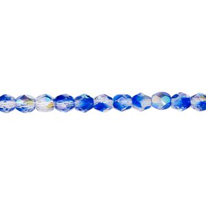 Bead, Czech fire-polished glass, two-tone, crystal/dark blue AB, 4mm faceted round. Sold per 15-1/2" to 16" strand.