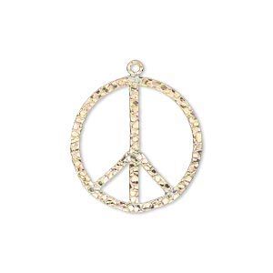 Charm, 14Kt gold-filled, 21mm hammered flat peace sign. Sold individually.