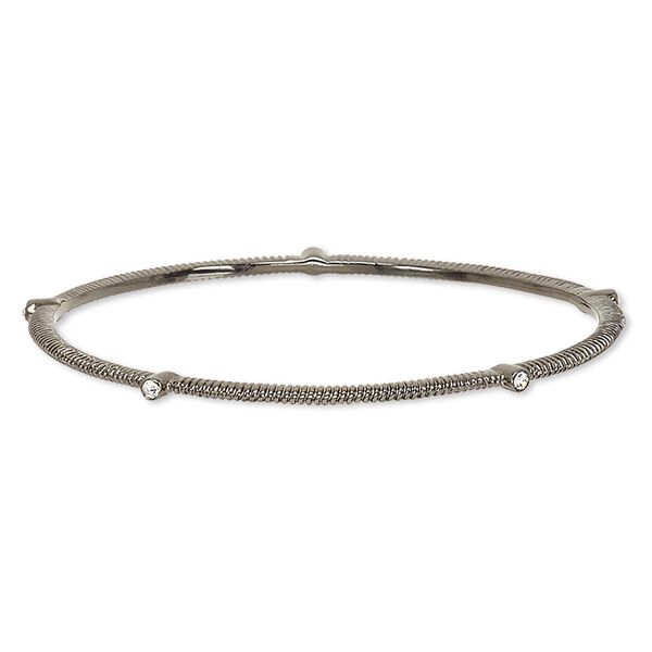 Bracelet, bangle, glass rhinestone and gunmetal-plated brass, clear, 3mm wide with corrugated design, 8 inches. Sold individually. image number 0