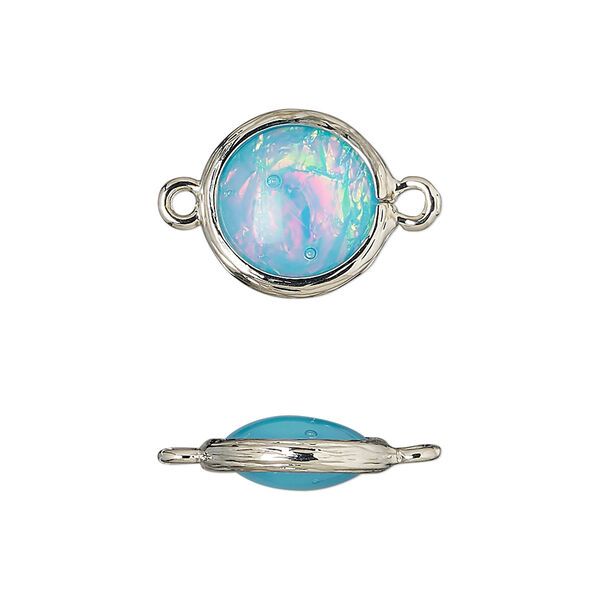 Link, Opalized Ice™, "opal" (resin) and imitation rhodium-finished brass, opaque light blue, 14mm double-sided round .Sold per pkg of 4. image number 0