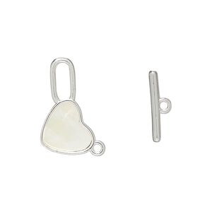 Clasp toggle 1pkg2 mother-of-pearl shell, 21x11mm heart, silver-finished brass white 1-strand
