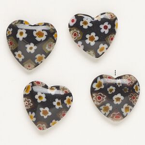 Bead, millefiori glass, opaque black and multicolored, 18-20mm half-drilled puffed heart. Sold per pkg of 4.