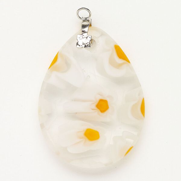 Focal 1pkg1, silver-finished steel and millefiori glass, translucent and transparent clear / white / yellow-orange, 39x30mm-41x30mm puffed teardrop. image number 0