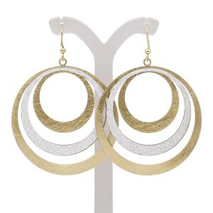 Earring, gold-finished brass, silver with glitter, 2-1/2 inches with scratched triple open circle and fishhook ear wire. Sold per pair.