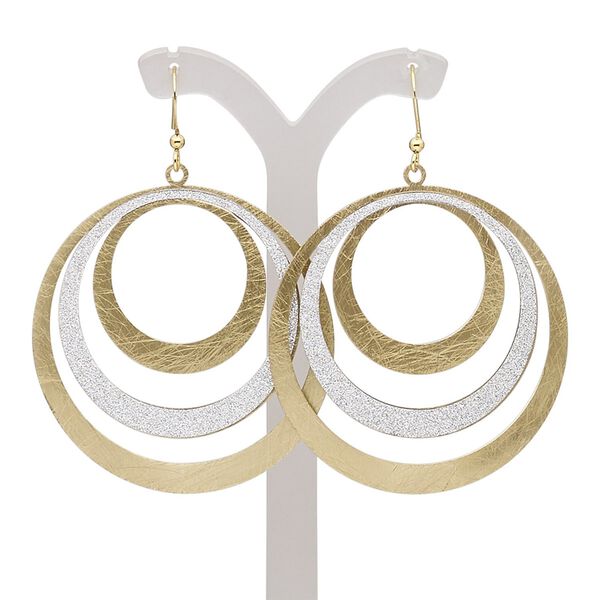 Earring, gold-finished brass, silver with glitter, 2-1/2 inches with scratched triple open circle and fishhook ear wire. Sold per pair. image number 0
