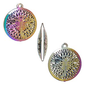 Drop, electro-coated stainless steel, rainbow, 18mm double-sided domed round with textured cut-out dragonfly design. Sold per pkg of 6.