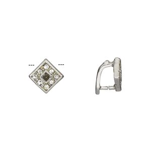 Bail, ice-pick, Egyptian glass rhinestone and imitation rhodium-plated brass, clear, 10x8mm diamond, 5.5mm grip length. Sold per pkg of 6.