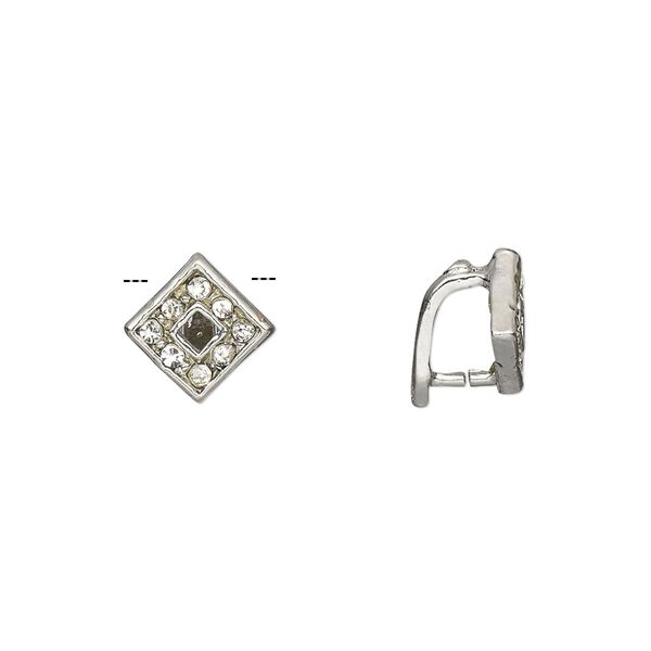 Bail, ice-pick, Egyptian glass rhinestone and imitation rhodium-plated brass, clear, 10x8mm diamond, 5.5mm grip length. Sold per pkg of 6. image number 0
