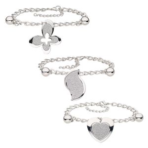 Bracelet, glitter paper / silver-coated plastic / imitation rhodium-plated steel, 30x29mm heart / 36x23mm curve / 36x30mm butterfly, 7-1/2 inches with 2-inch extender chain and lobster claw clasp. Sold per pkg of 3.