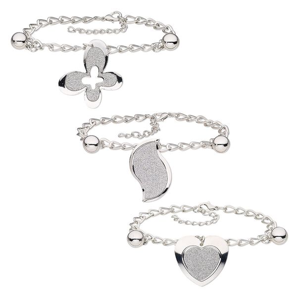 Bracelet, glitter paper / silver-coated plastic / imitation rhodium-plated steel, 30x29mm heart / 36x23mm curve / 36x30mm butterfly, 7-1/2 inches with 2-inch extender chain and lobster claw clasp. Sold per pkg of 3. image number 0
