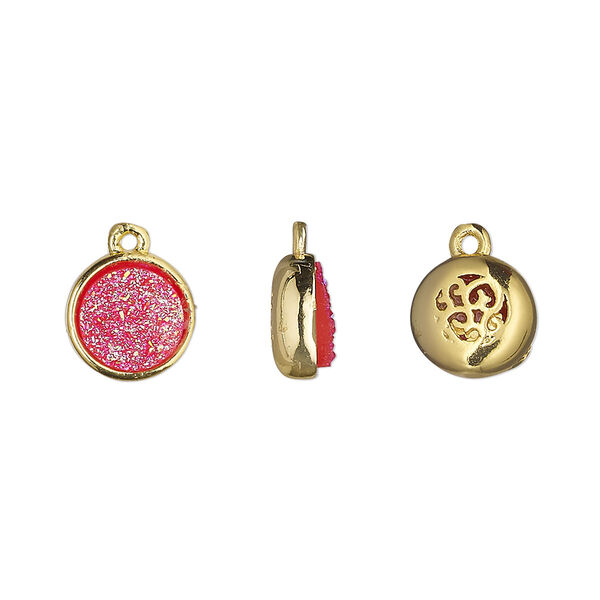 Drop, Druzylite™, "druzy" (resin) and gold-finished brass, hot pink, 9.5mm two-sided round with open filigree back. Sold per pkg of 4. image number 0