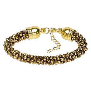 Bracelet, glass / gold-coated plastic / gold-finished steel / "pewter" (zinc-based alloy), metallic gold, 7.5mm wide, 8 inches with 2-inch extender chain and lobster claw clasp. Sold individually.