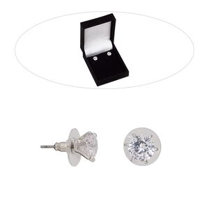 Earring, cubic zirconia / stainless steel / rhodium-finished brass, clear, 9mm round with post. Sold per pair.