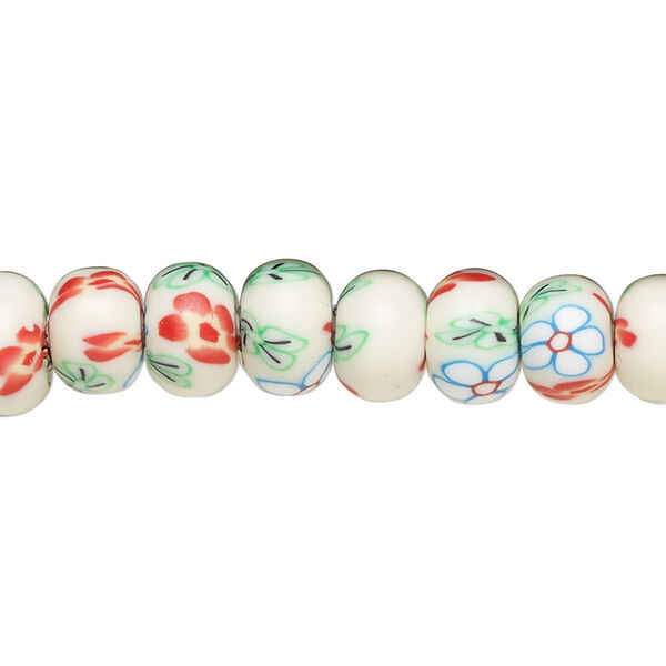 Bead, polymer clay, opaque white and multicolored, 8x6mm rondelle with flower design. Sold per 15-1/2 to 16-inch strand. image number 0