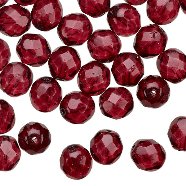 Bead 1pkg50 Czech fire-polished glass, 8mm faceted round, translucent dipped décor garnet red image number 0