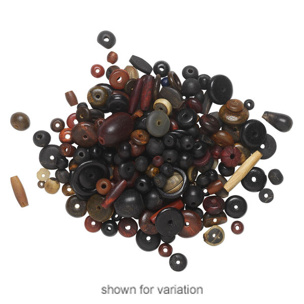 Bead mix, bone and horn (dyed), red / black / brown, 8mm-51x37mm mixed shape. Sold per 1/4 kilogram pkg, approximately 225 to 375 beads. image number 1
