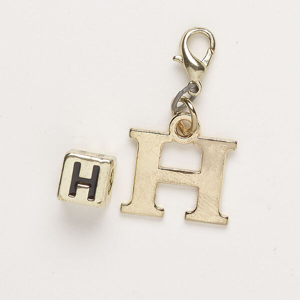 Bead and charm, brass-finished "pewter" (zinc-based alloy) / steel / enamel, black, 7mm cube with alphabet letter "H" and 16x13mm alphabet letter "H" with lobster claw clasp. Sold per pkg of 2. image number 0