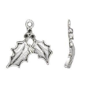 Charm, antique silver-plated "pewter" (zinc-based alloy), 25x19mm single-sided holly leaves with (3) PP15 settings. Sold per pkg of 10.