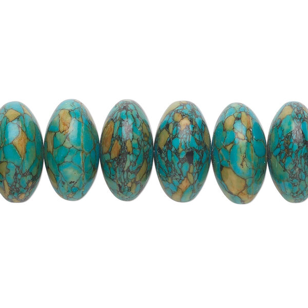 Bead, mosaic "turquoise" (magnesite) (dyed / assembled), blue, 12x6mm-14x8mm rondelle, B grade, Mohs hardness 3-1/2 to 4. Sold per 15-1/2" to 16" strand. image number 0