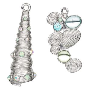 Focal, Charmed, glass rhinestone / resin / imitation rhodium-finished "pewter" (zinc-based alloy), multicolored, 42x23.5mm single-sided with clam shell and 51x19.5mm single-sided tower shell. Sold per 2-piece set.